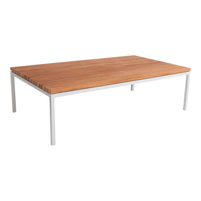 Natural wood table with a warm brown finish and sleek white metal legs, featuring a smooth, minimalist surface.