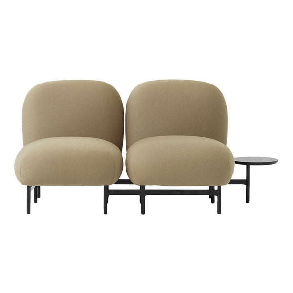 Stylish beige sofa with smooth, rounded cushions and sleek metal legs. Ideal for modern home decor.