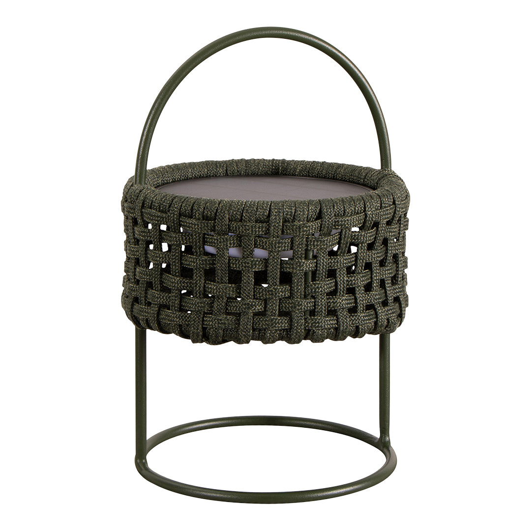 Green woven basket with intricate patterns, featuring a circular open frame and smooth grey base.