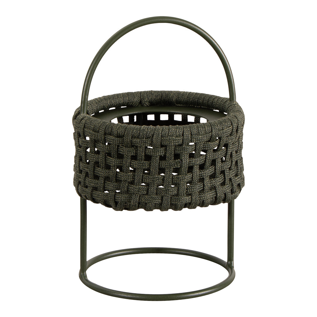 Dark green woven basket with a textured pattern, mounted on a metal stand. Stylish and modern home decor.