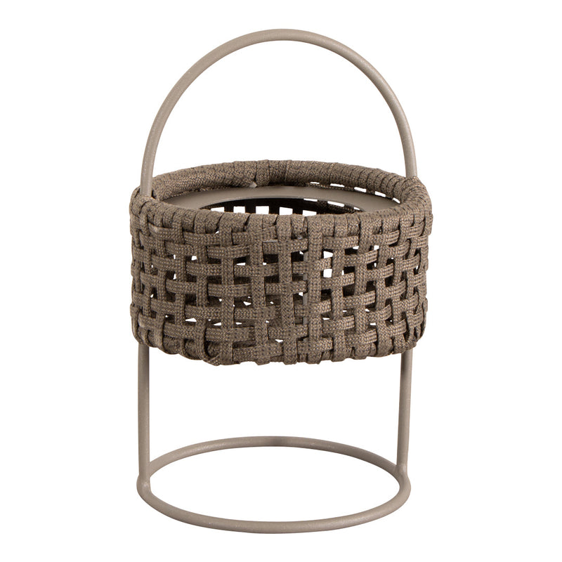 Round woven basket in a muted taupe color, featuring a striking crisscross pattern on a metal stand.