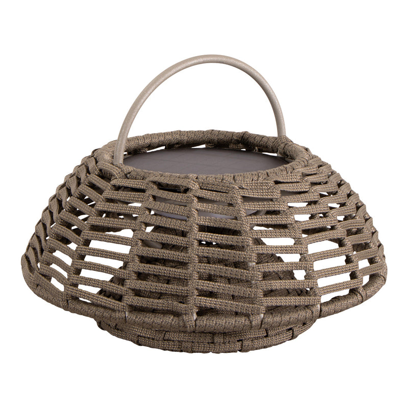Natural woven basket in earthy taupe with a unique open lattice design and curved handle. Perfect for decorative storage.