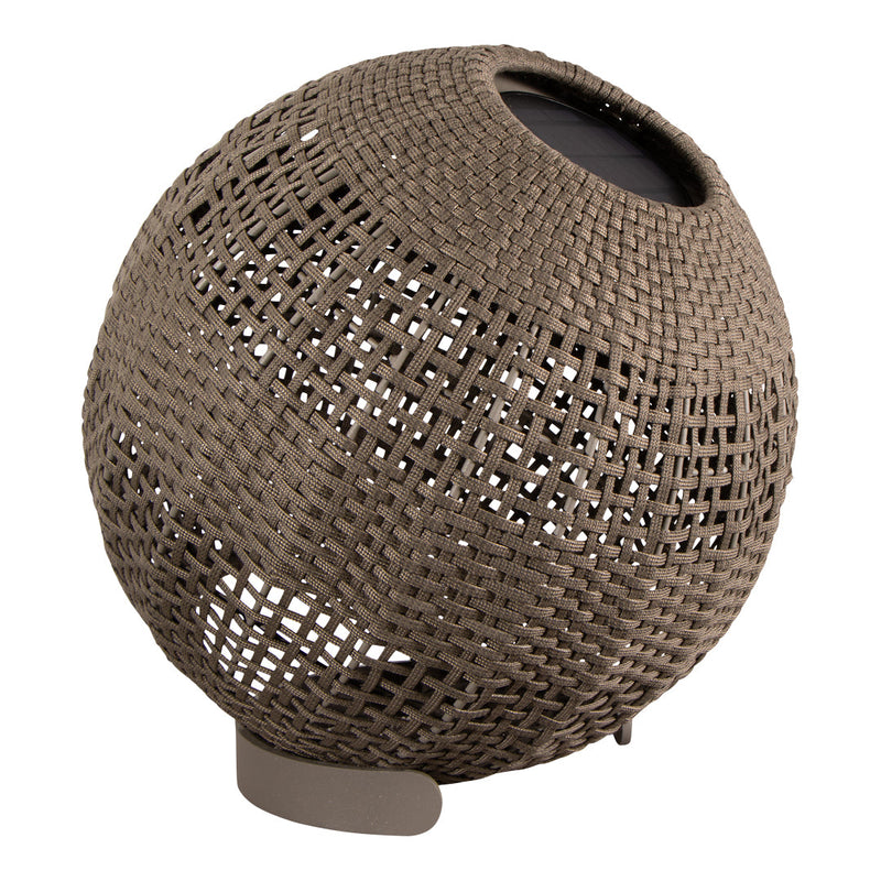 Brown woven globe lantern with intricate patterns and openings for light display. Stylish home décor accent piece.
