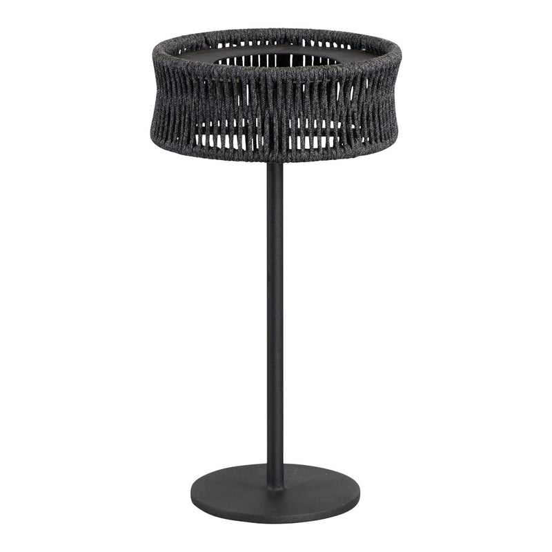 Black woven lamp stand with an intricate pattern and sleek metal base. Modern design for stylish lighting.
