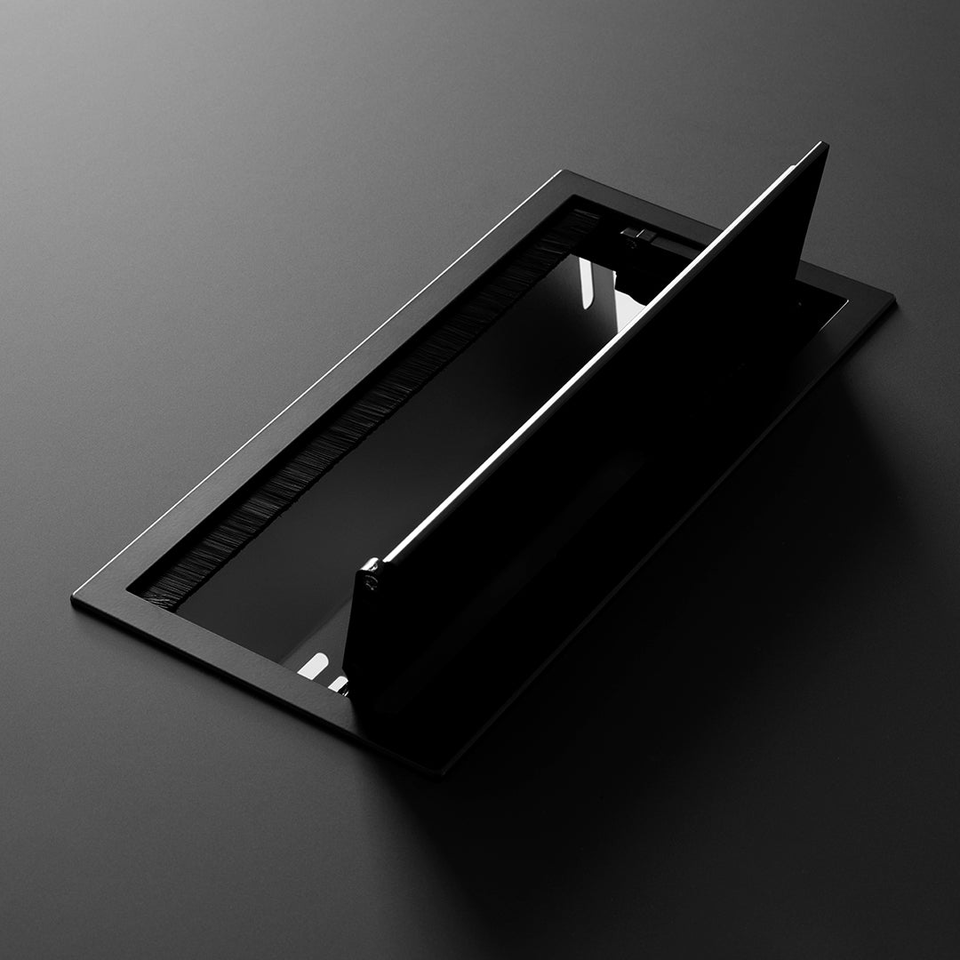 Sleek black minimalistic design with a glossy finish and subtle lines, perfect for modern interiors.