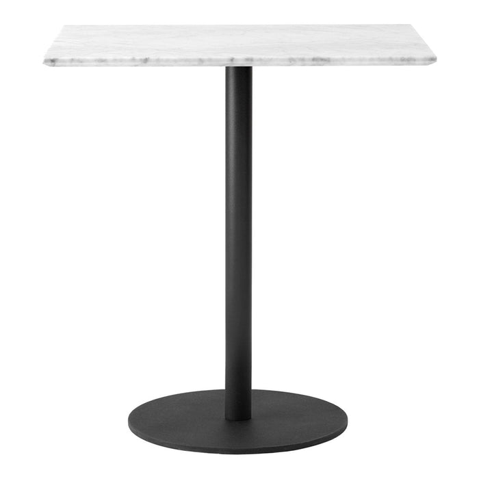 White marble tabletop with subtle gray veining, paired with a sleek black metal base. Modern and minimalist design.
