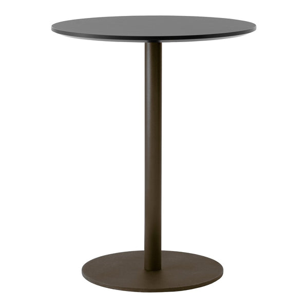 Round black tabletop with a sleek brown base, featuring a minimalist design. Perfect for modern decor.