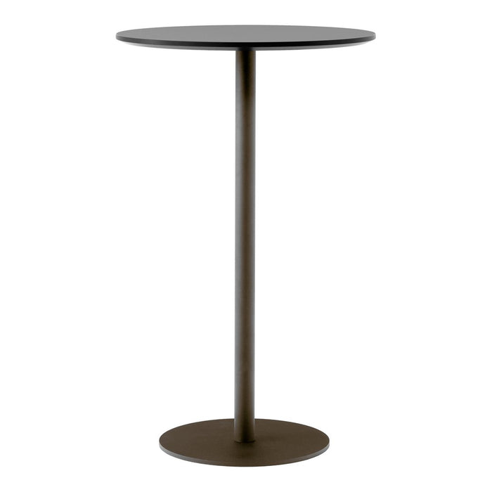 Black round tabletop with a sleek brown metal base, featuring a minimalist design. Perfect for modern decor.