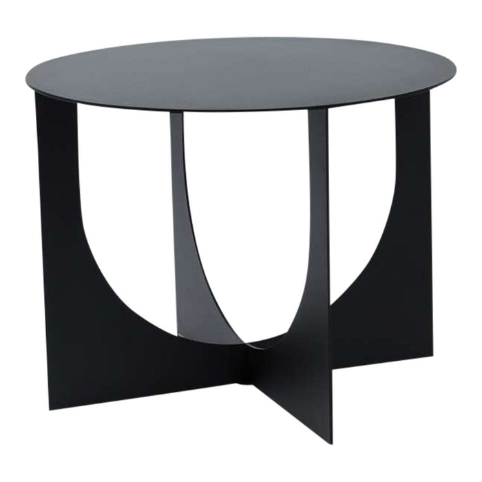 Round black coffee table with a unique cut-out pattern in the base, offering a modern, minimalist design.