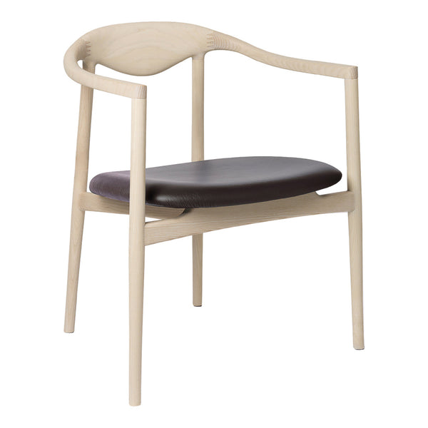 Light wood chair with a smooth grain finish and dark brown leather seat, featuring an elegant minimalist design.