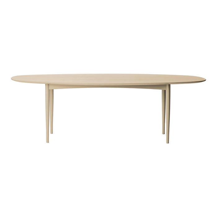 Light beige oval dining table with sleek, minimalistic design and smooth, matte finish. Perfect for modern interiors.
