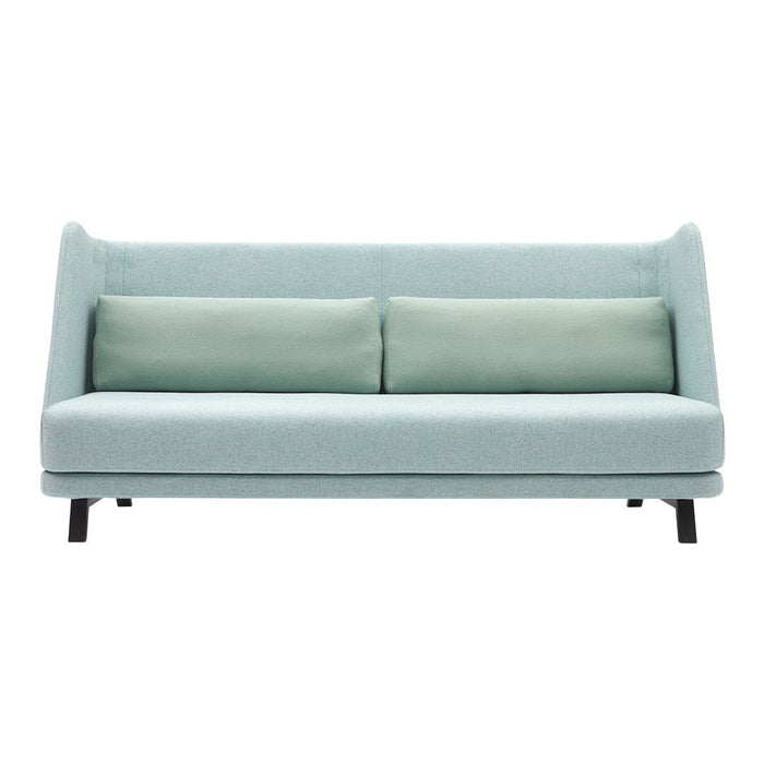 Light blue modern sofa with smooth fabric and two soft green cushions, featuring minimalist design and sleek black legs.