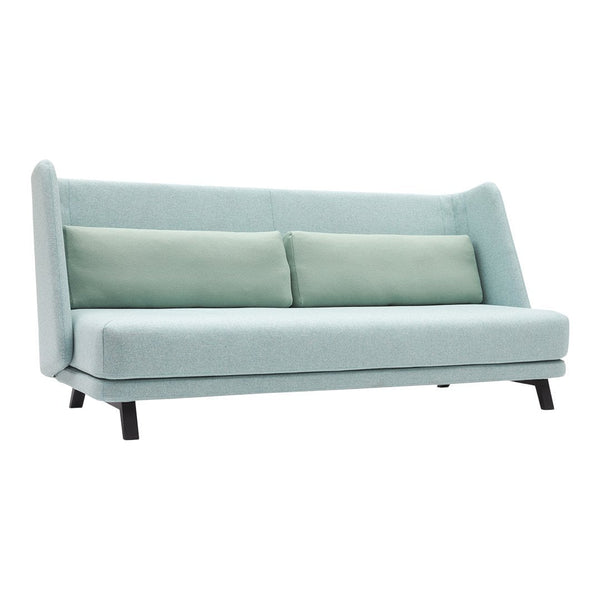Light blue sofa with a minimalist design, featuring two matching green cushions and sleek black legs.