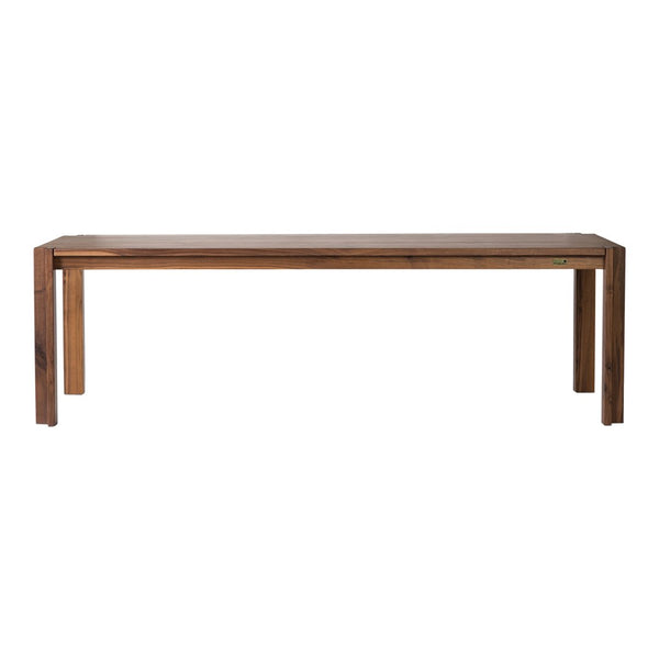 Wooden bench with a rich brown finish, featuring a smooth, minimalist design and solid rectangular form.