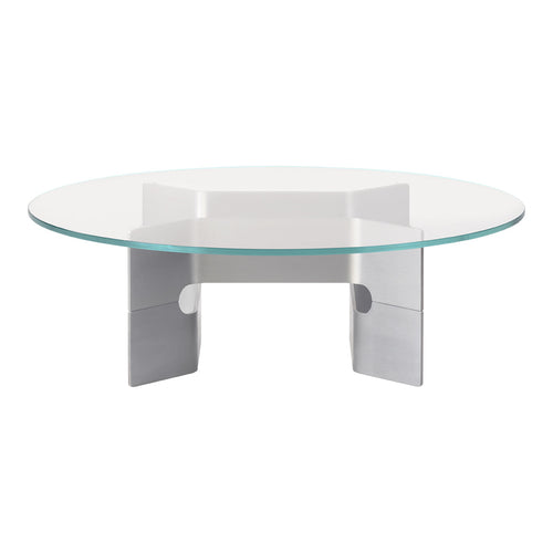 Round glass coffee table with sleek metallic silver base, featuring a minimalist design and smooth patterns.