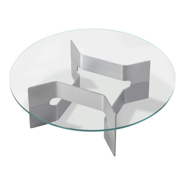 Round glass coffee table with a sleek silver stainless steel base and minimalistic design. Perfect for modern interiors.