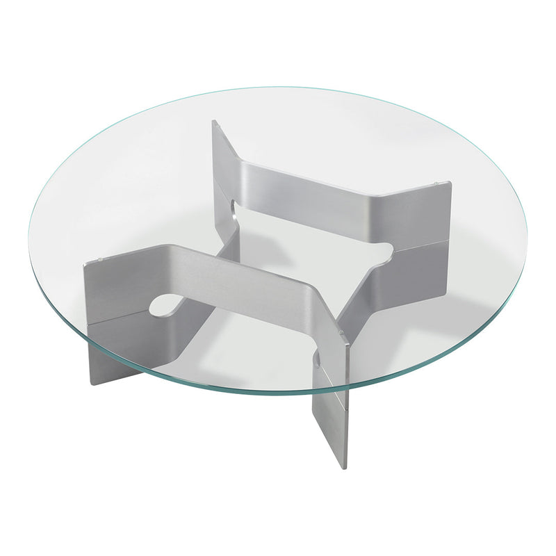 Round glass coffee table with a sleek silver stainless steel base and minimalistic design. Perfect for modern interiors.