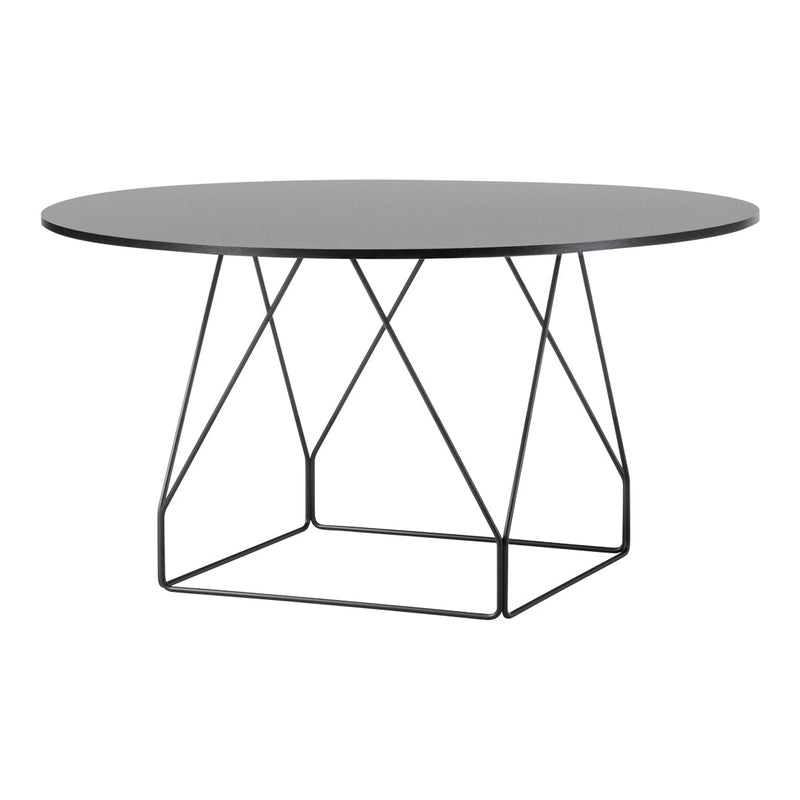 Round black tabletop with a geometric black wire base, featuring a minimalist and modern design.