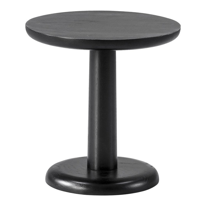 Black round side table with a smooth finish and simple, modern design. Ideal for minimalist decor.