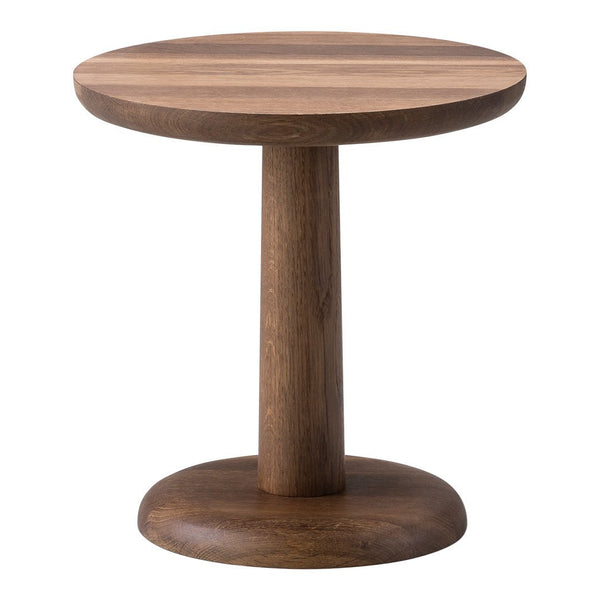 Round wooden side table in rich walnut finish with smooth, natural grain pattern. Perfect for modern decor.