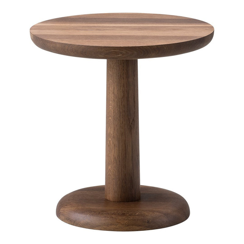 Round wooden side table in rich walnut finish with smooth, natural grain pattern. Perfect for modern decor.