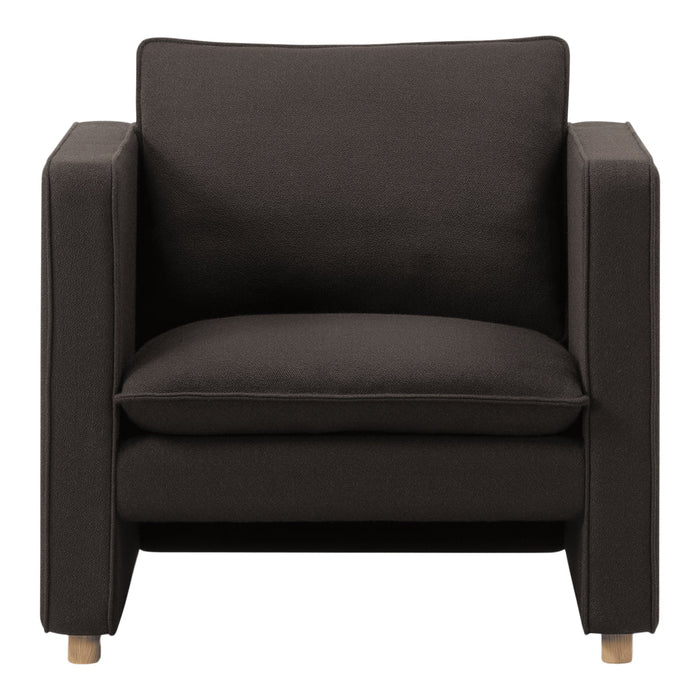 Dark brown upholstered armchair with a textured fabric and light wooden legs, adding a modern touch to any space.