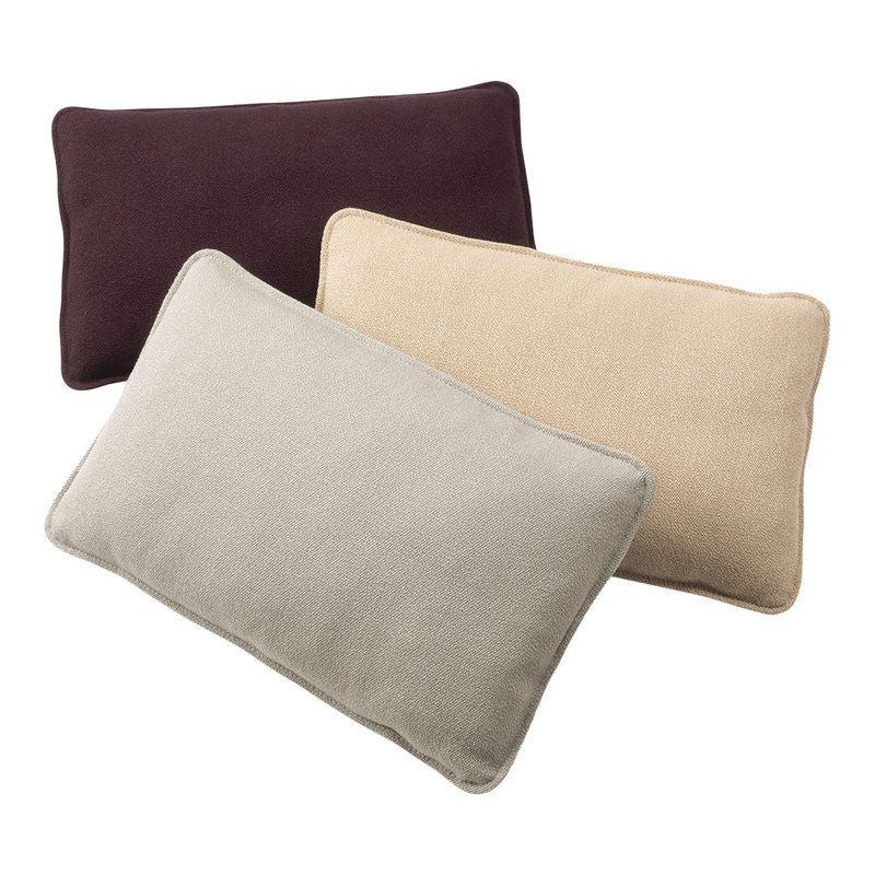Set of three rectangular cushion pillows in dark purple, beige, and light gray. Soft textured fabric, minimalist design.