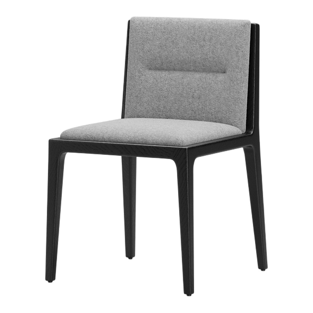 Modern gray upholstered chair with a sleek black frame, featuring a textured back and seat design.
