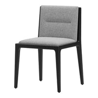 Modern gray upholstered chair with a sleek black frame, featuring a textured back and seat design.
