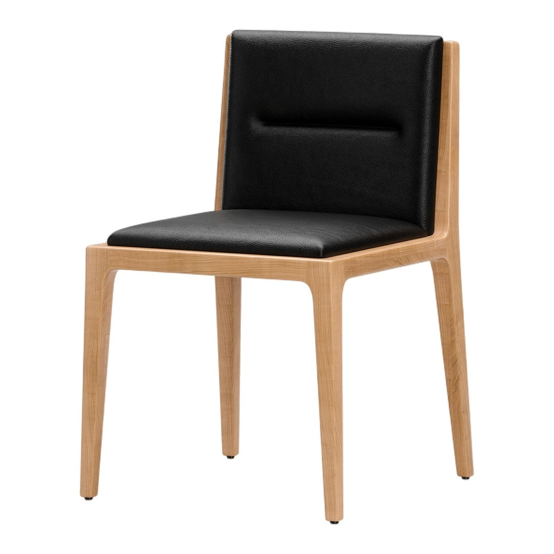 Black leather seat and back on a natural wood frame, featuring clean lines and modern design.