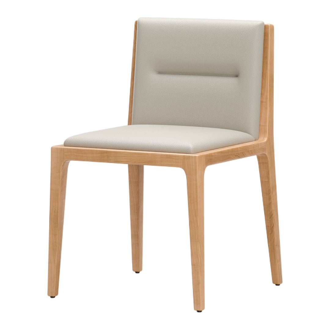 Minimalist gray upholstered dining chair with a light wood frame, featuring a sleek, modern design and subtle textures.