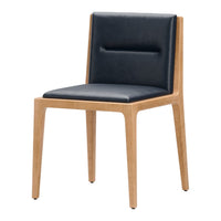 Navy blue leather upholstery with natural wood frame, featuring a sleek and modern design.