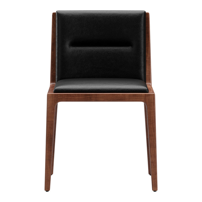 Black leather chair with a sleek wooden frame, featuring rich walnut tones and a textured pattern for a modern look.
