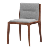 Gray upholstered chair with a walnut wood frame, featuring a minimalist design and soft textures.