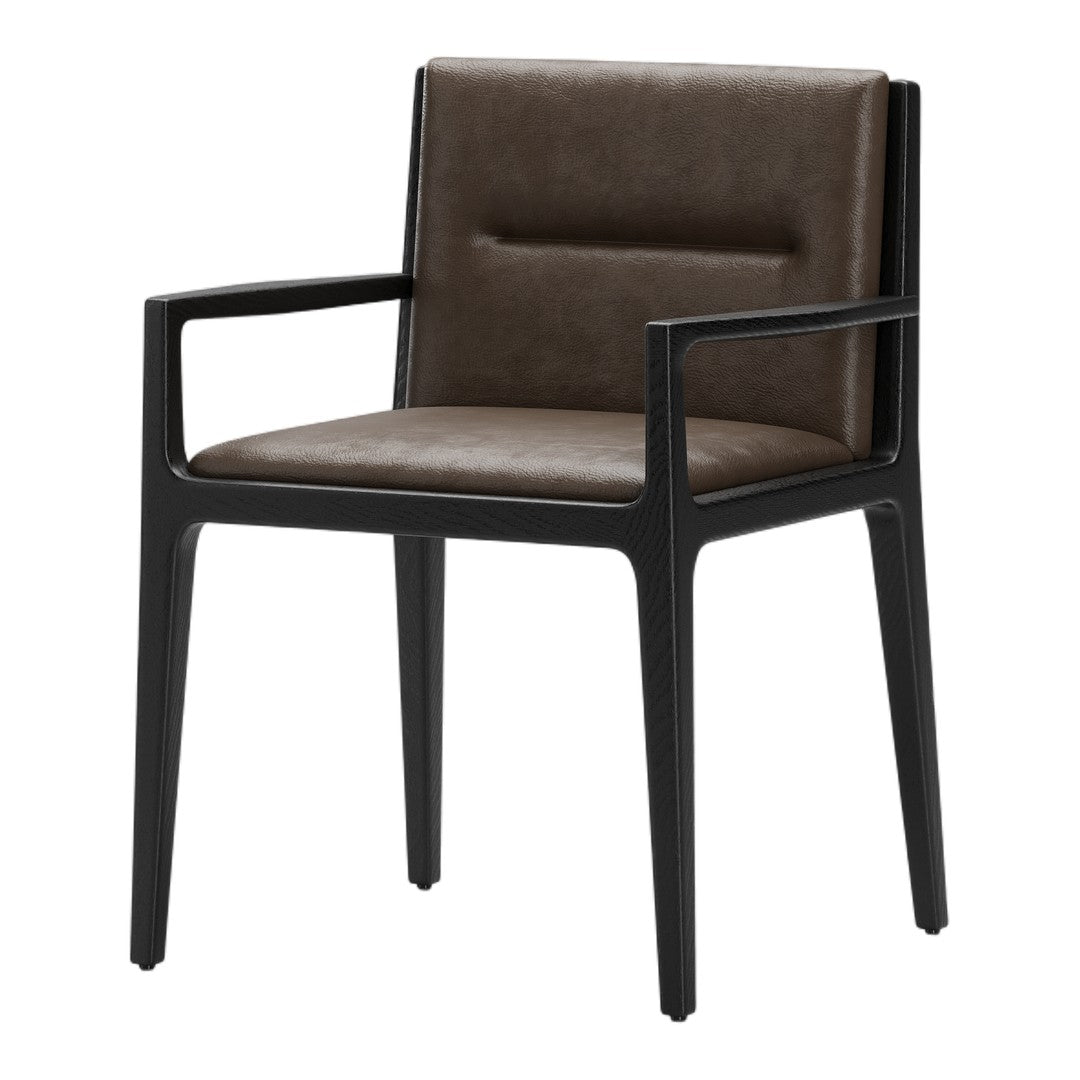 Modern chair in dark brown faux leather with a sleek black wooden frame and minimalist design. Perfect for contemporary decor.
