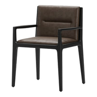 Modern chair in dark brown faux leather with a sleek black wooden frame and minimalist design. Perfect for contemporary decor.