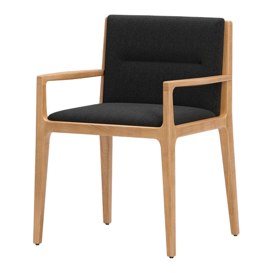 Black upholstered chair with light wood frame, minimalist design, perfect for modern interiors.