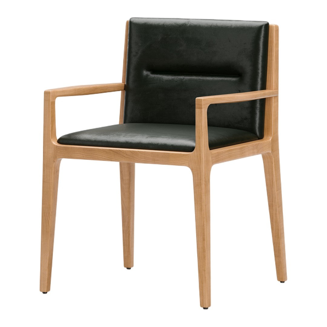 Black upholstered chair with a light wood frame, featuring a sleek, modern design and minimalistic patterns.