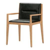 Black upholstered chair with a light wood frame, featuring a sleek, modern design and minimalistic patterns.