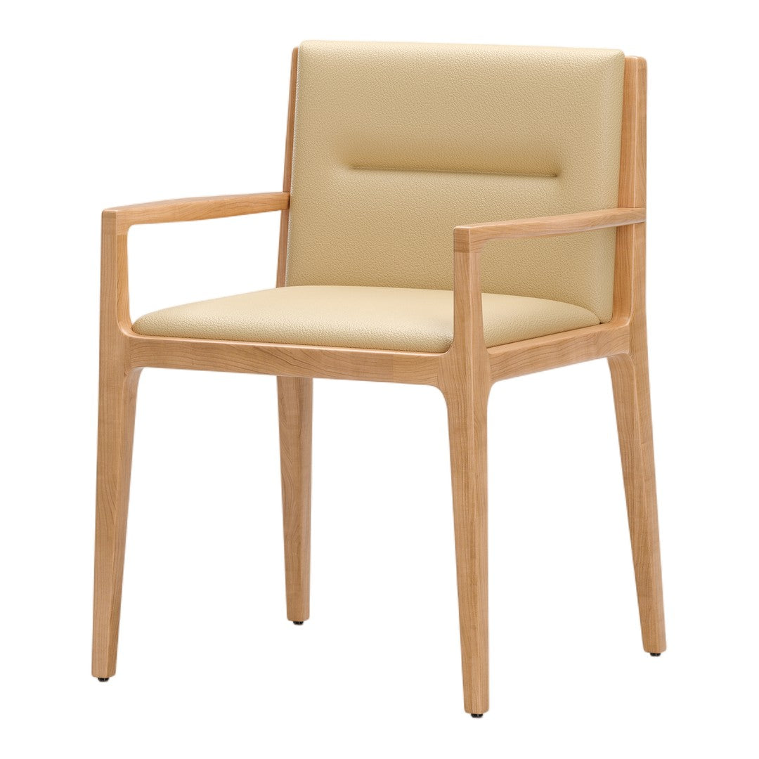Beige leather cushion chair with light wooden frame; modern design with sleek lines and neutral tones.