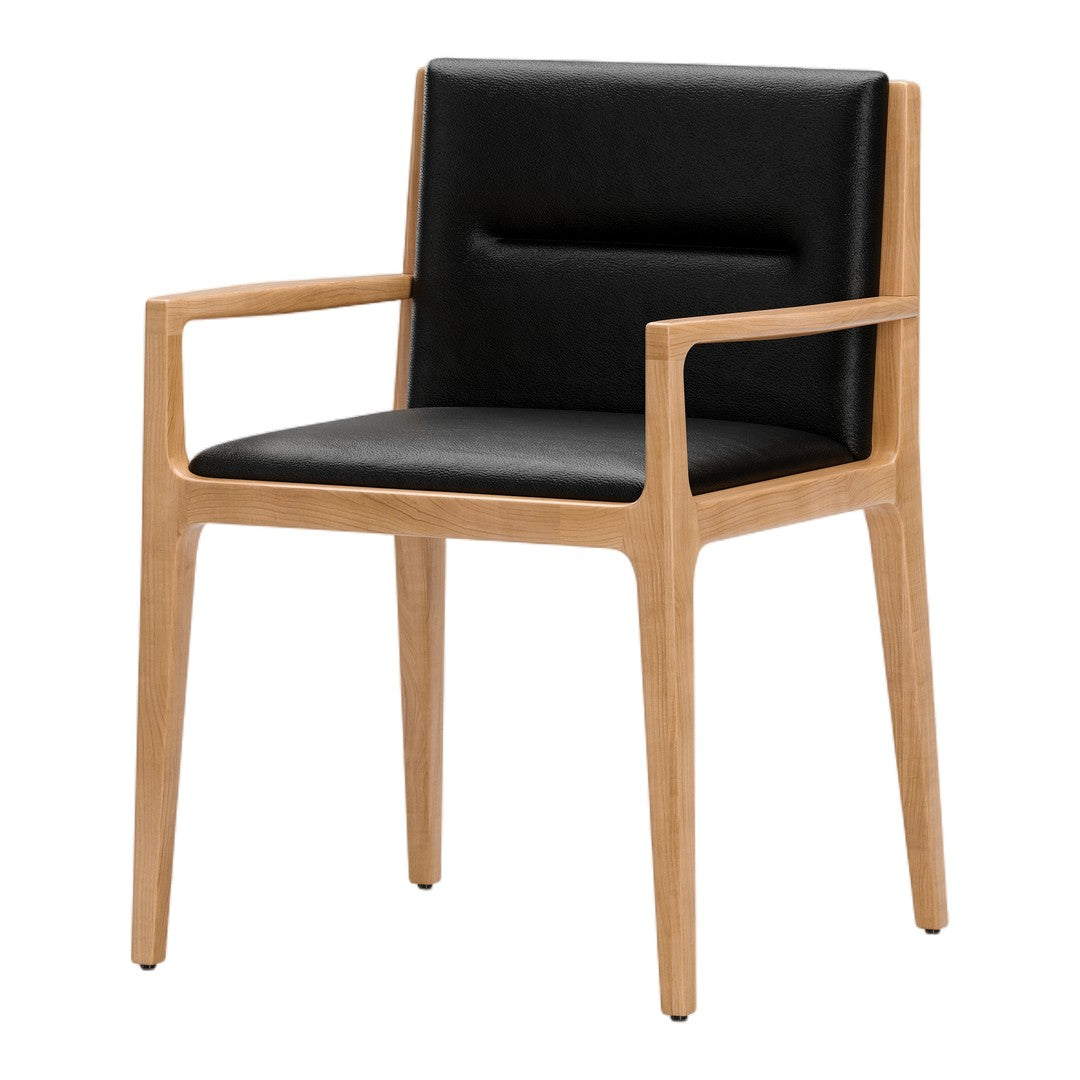 Black upholstered chair with light wood frame, featuring a modern minimalist design and smooth textures.