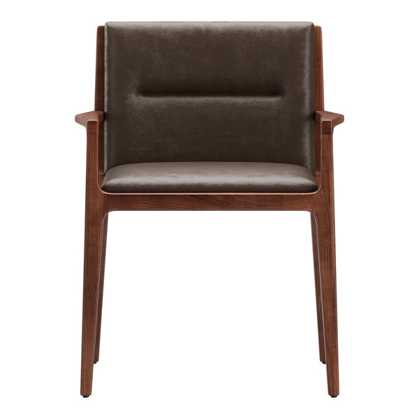 Brown leather chair with smooth texture and wooden frame, featuring a minimalist design.
