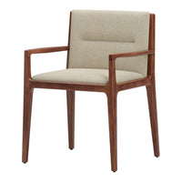Light beige fabric upholstery with a warm walnut wood frame, offering a modern and inviting aesthetic.