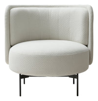 Light beige circular chair with textured fabric and sleek black metal legs. Modern and minimalistic design.