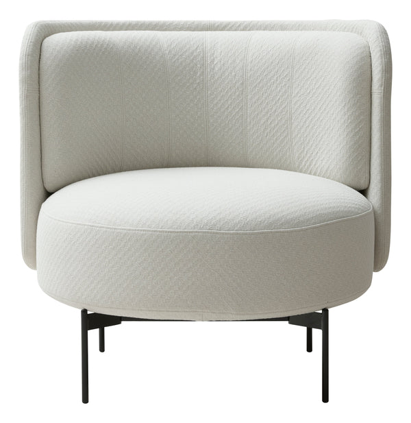 Light beige circular chair with textured fabric and sleek black metal legs. Modern and minimalistic design.