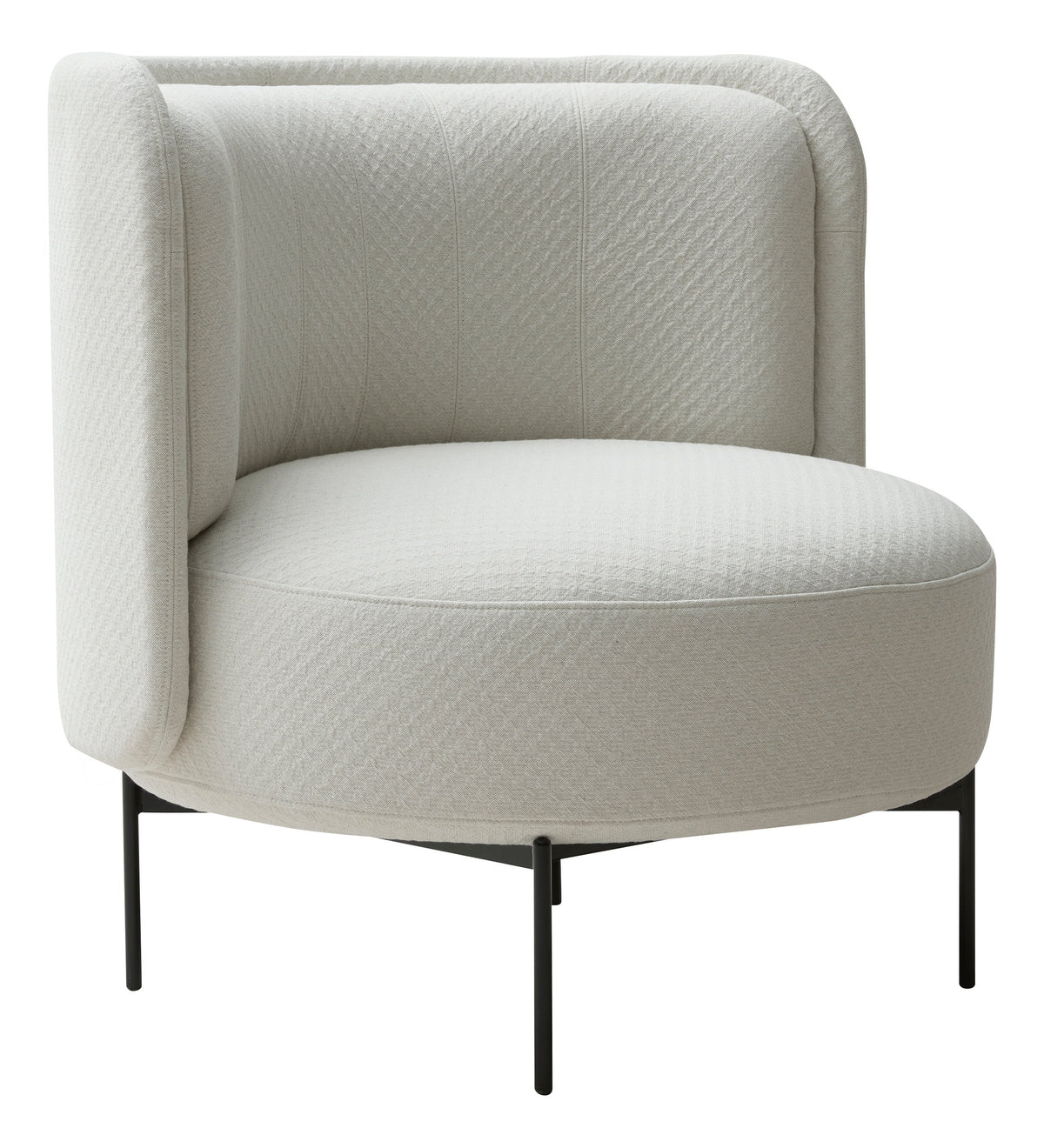 Neutral beige textured chair with rounded design and sleek black legs, perfect for modern decor.