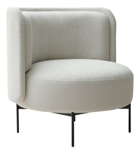 Neutral beige textured chair with rounded design and sleek black legs, perfect for modern decor.