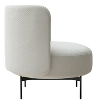 Light gray upholstered chair with a subtle textured pattern and sleek black metal legs. Perfect for modern decor.