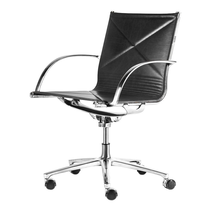 Black leather office chair with a sleek chrome base and diamond-patterned seat back. Perfect for modern workspaces.