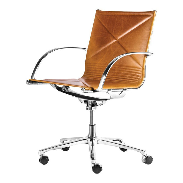Brown leather office chair with diamond-pattern stitching and chrome base, featuring a sleek, modern design.